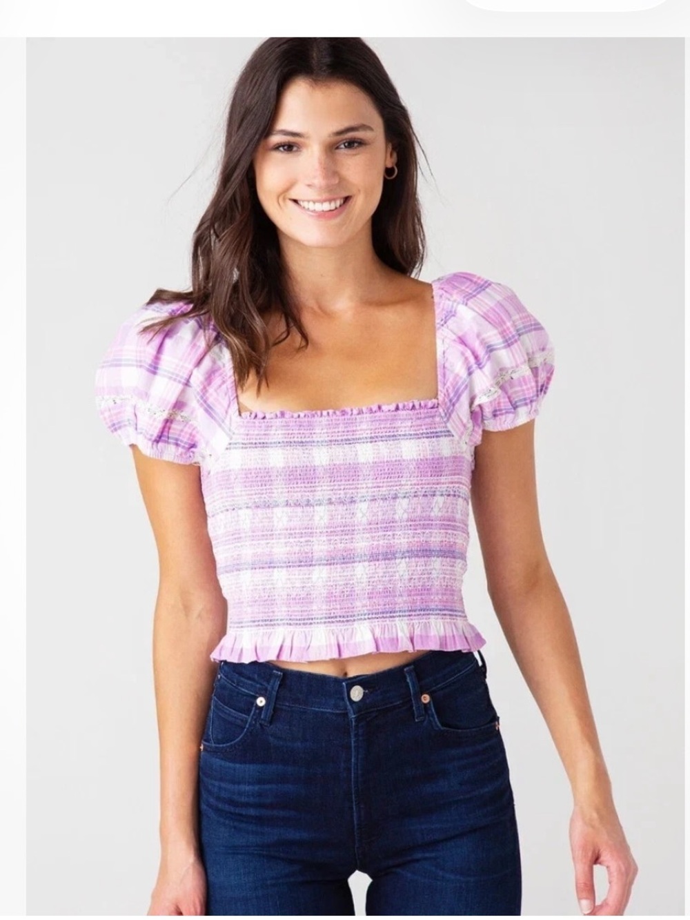 LoveShackFancy Women's Hersh Cropped Smocked Checked Cotton Blouse Tunic Top S